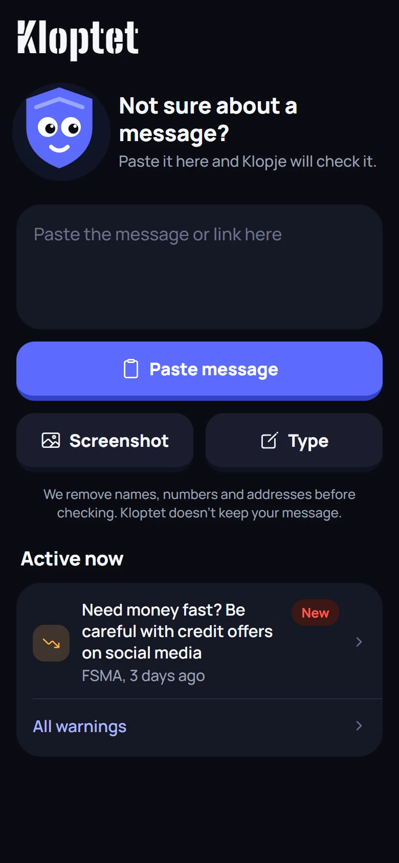The Kloptet check screen