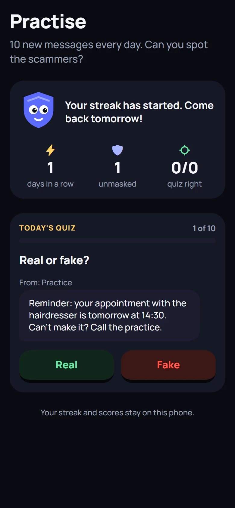 The practice screen with a quiz question