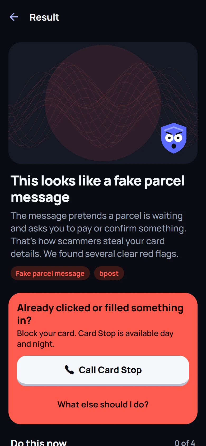 The Kloptet result screen showing a fake parcel message