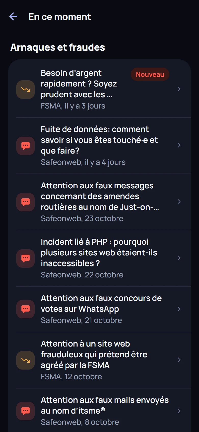 La liste des avertissements actuels