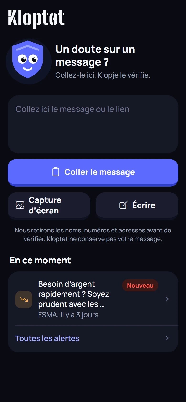 L'écran de vérification de Kloptet