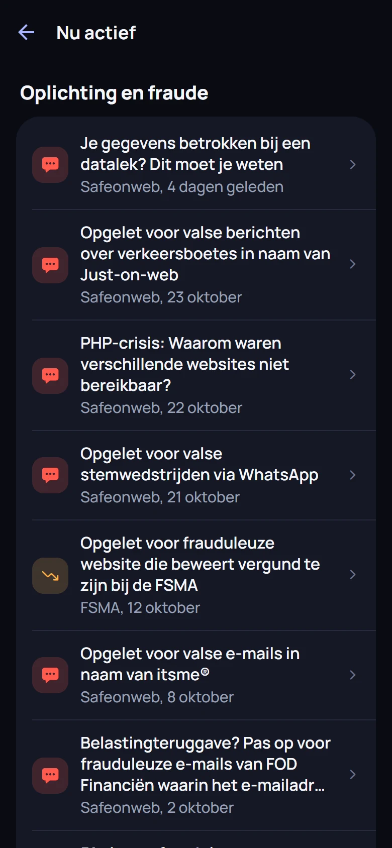 De lijst met actuele waarschuwingen