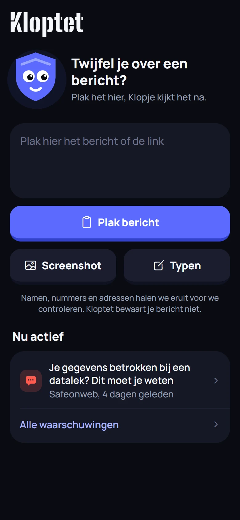 Het controlescherm van Kloptet