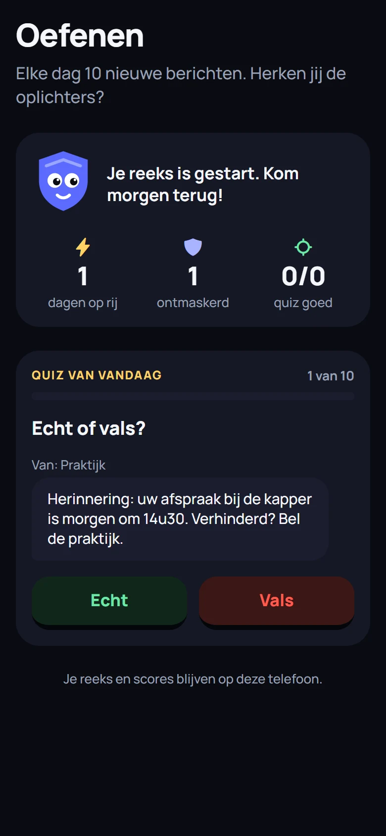 Het oefenscherm met een quizvraag